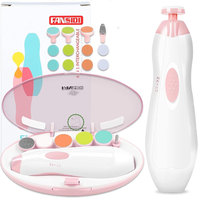 FANSIDI Baby Nail Trimmer Electric, Baby Nail File Infant Nail Clippers with 10 Grinding Pads 8 Sandpapers for Newborn Infant Toddler or Adults Toes Fingernails Care - AA Battery Operated (White/Pink) - Image 1